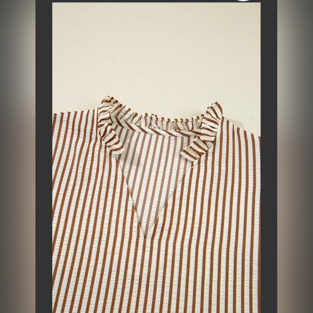 99 Disco Striped Frill V-Neck Bracelet Sleeve Blouse - Picture 6 of 7
